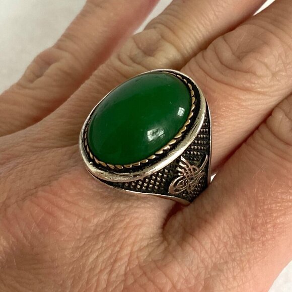 Sterling Silver 925 Green Chalcedony Turkish Ottoman Tughra Unisex Ring Sz 9.25 - Picture 1 of 16